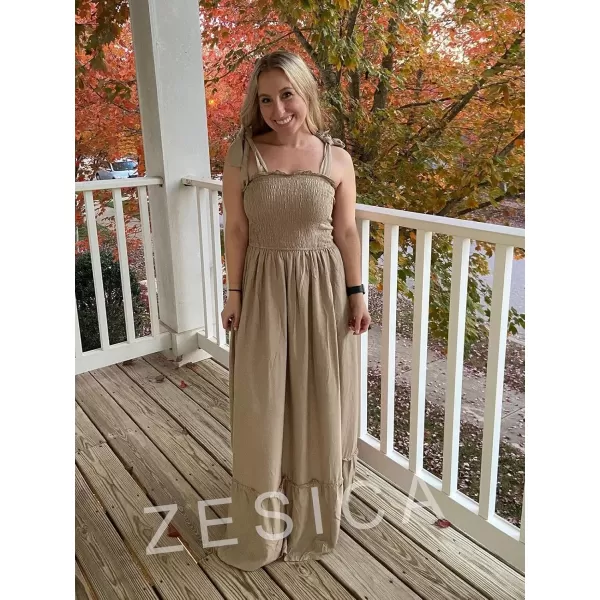 ZESICA Womens 2024 Summer Boho Spaghetti Strap Square Neck Solid Color Ruffle A Line Beach Long Maxi DressKhaki