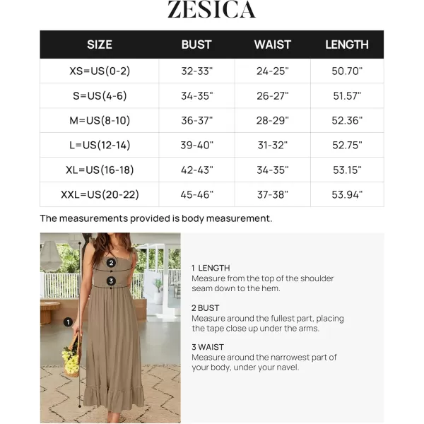ZESICA Womens 2024 Summer Boho Spaghetti Strap Square Neck Solid Color Ruffle A Line Beach Long Maxi DressKhaki