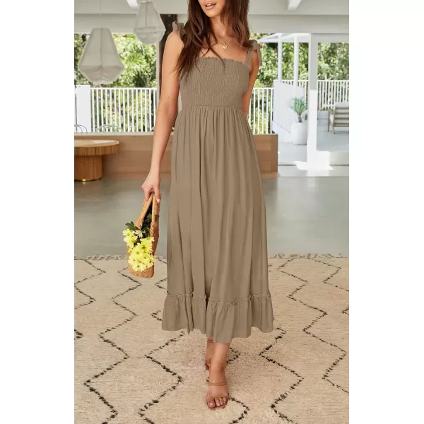 ZESICA Womens 2024 Summer Boho Spaghetti Strap Square Neck Solid Color Ruffle A Line Beach Long Maxi DressKhaki