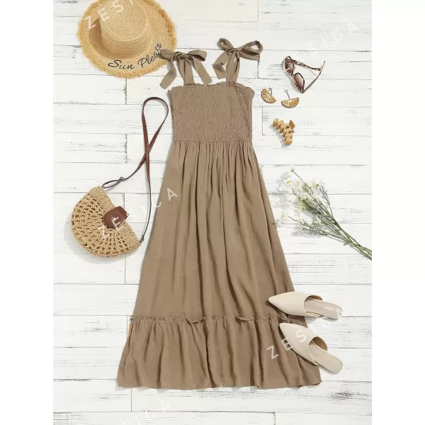 ZESICA Womens 2024 Summer Boho Spaghetti Strap Square Neck Solid Color Ruffle A Line Beach Long Maxi DressKhaki