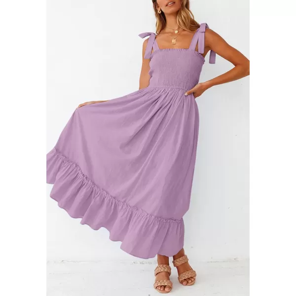 ZESICA Womens 2024 Summer Boho Spaghetti Strap Square Neck Solid Color Ruffle A Line Beach Long Maxi DressLavender
