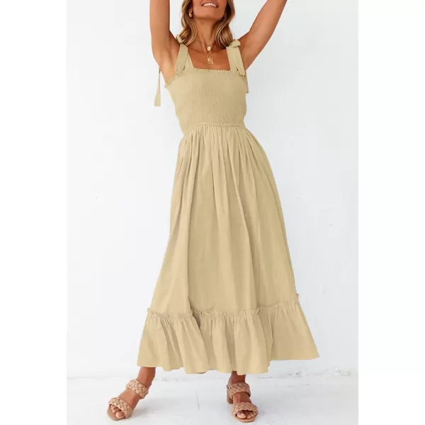 ZESICA Womens 2024 Summer Boho Spaghetti Strap Square Neck Solid Color Ruffle A Line Beach Long Maxi DressLightyellow