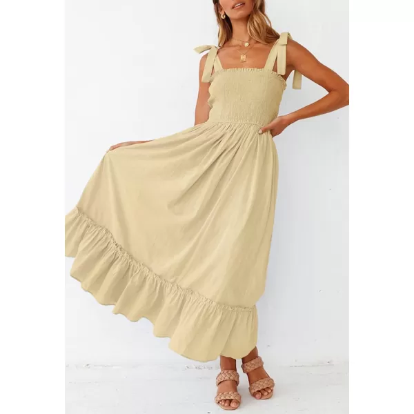 ZESICA Womens 2024 Summer Boho Spaghetti Strap Square Neck Solid Color Ruffle A Line Beach Long Maxi DressLightyellow