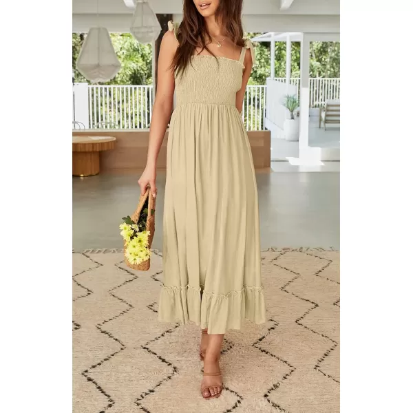 ZESICA Womens 2024 Summer Boho Spaghetti Strap Square Neck Solid Color Ruffle A Line Beach Long Maxi DressLightyellow