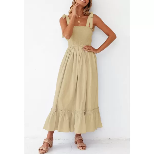 ZESICA Womens 2024 Summer Boho Spaghetti Strap Square Neck Solid Color Ruffle A Line Beach Long Maxi DressLightyellow