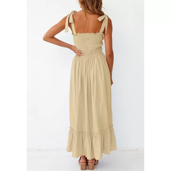 ZESICA Womens 2024 Summer Boho Spaghetti Strap Square Neck Solid Color Ruffle A Line Beach Long Maxi DressLightyellow