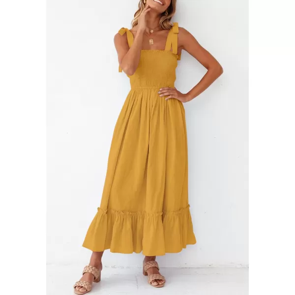 ZESICA Womens 2024 Summer Boho Spaghetti Strap Square Neck Solid Color Ruffle A Line Beach Long Maxi DressMustard