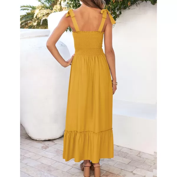 ZESICA Womens 2024 Summer Boho Spaghetti Strap Square Neck Solid Color Ruffle A Line Beach Long Maxi DressMustard