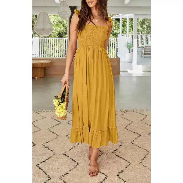 ZESICA Womens 2024 Summer Boho Spaghetti Strap Square Neck Solid Color Ruffle A Line Beach Long Maxi DressMustard