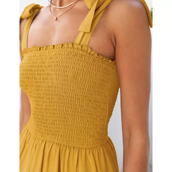 ZESICA Womens 2024 Summer Boho Spaghetti Strap Square Neck Solid Color Ruffle A Line Beach Long Maxi DressMustard