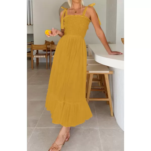 ZESICA Womens 2024 Summer Boho Spaghetti Strap Square Neck Solid Color Ruffle A Line Beach Long Maxi DressMustard