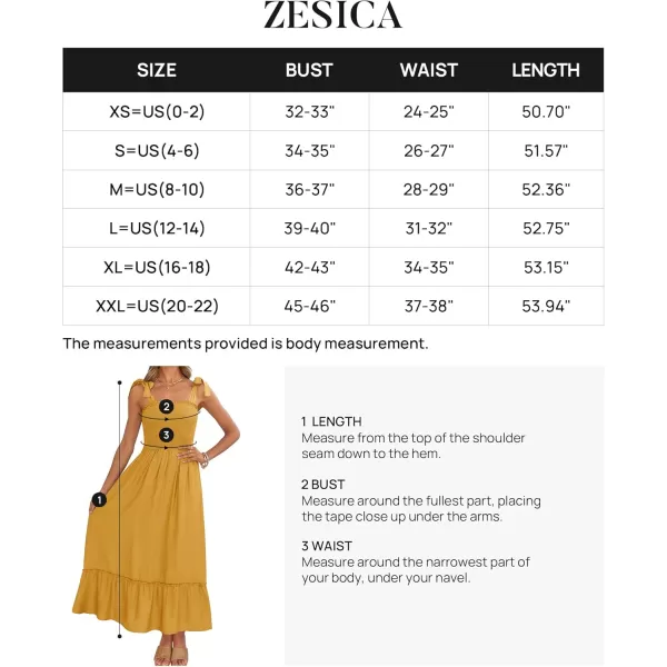 ZESICA Womens 2024 Summer Boho Spaghetti Strap Square Neck Solid Color Ruffle A Line Beach Long Maxi DressMustard