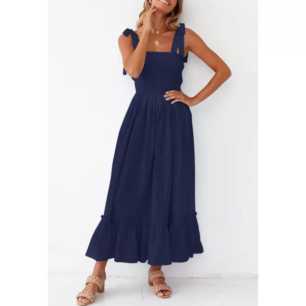ZESICA Womens 2024 Summer Boho Spaghetti Strap Square Neck Solid Color Ruffle A Line Beach Long Maxi DressNavy