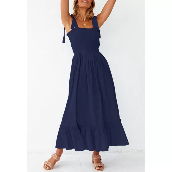 ZESICA Womens 2024 Summer Boho Spaghetti Strap Square Neck Solid Color Ruffle A Line Beach Long Maxi DressNavy