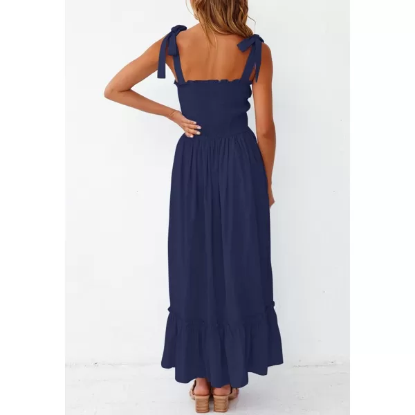 ZESICA Womens 2024 Summer Boho Spaghetti Strap Square Neck Solid Color Ruffle A Line Beach Long Maxi DressNavy