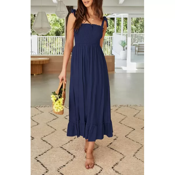 ZESICA Womens 2024 Summer Boho Spaghetti Strap Square Neck Solid Color Ruffle A Line Beach Long Maxi DressNavy