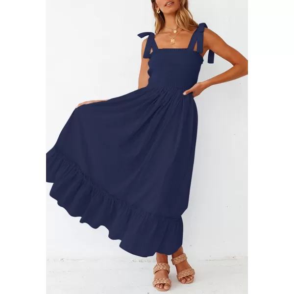 ZESICA Womens 2024 Summer Boho Spaghetti Strap Square Neck Solid Color Ruffle A Line Beach Long Maxi DressNavy