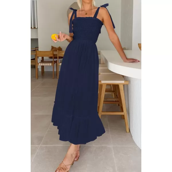 ZESICA Womens 2024 Summer Boho Spaghetti Strap Square Neck Solid Color Ruffle A Line Beach Long Maxi DressNavy