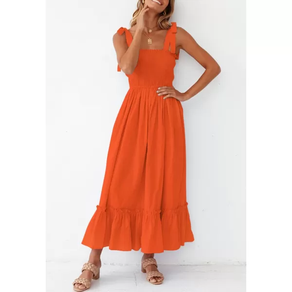 ZESICA Womens 2024 Summer Boho Spaghetti Strap Square Neck Solid Color Ruffle A Line Beach Long Maxi DressOrange
