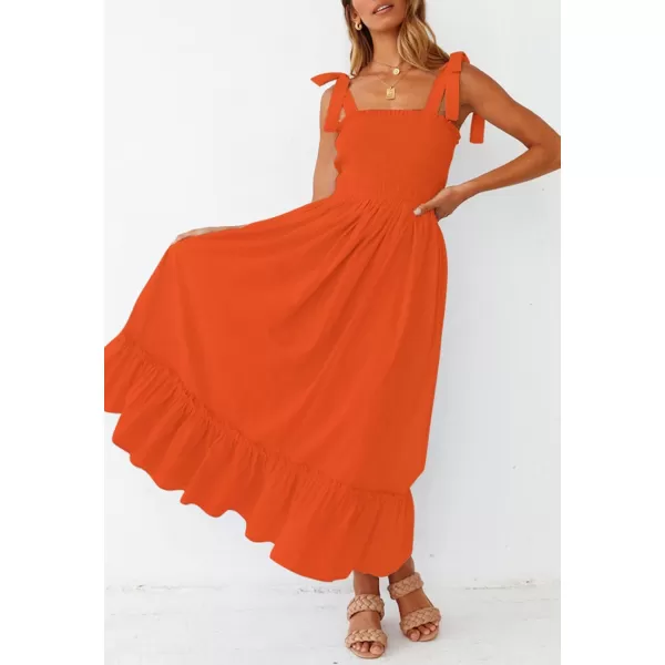 ZESICA Womens 2024 Summer Boho Spaghetti Strap Square Neck Solid Color Ruffle A Line Beach Long Maxi DressOrange