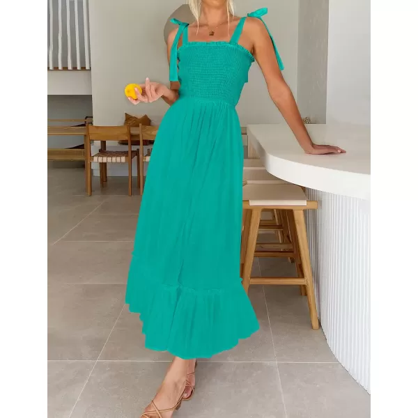 ZESICA Womens 2024 Summer Boho Spaghetti Strap Square Neck Solid Color Ruffle A Line Beach Long Maxi DressPeacock