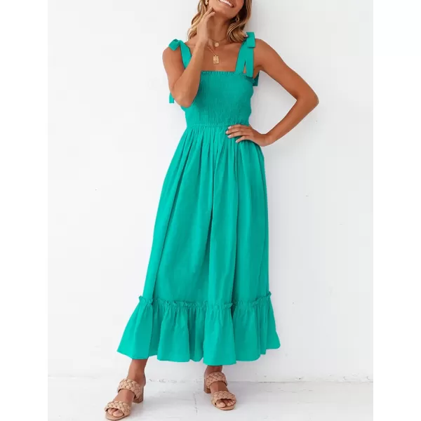 ZESICA Womens 2024 Summer Boho Spaghetti Strap Square Neck Solid Color Ruffle A Line Beach Long Maxi DressPeacock