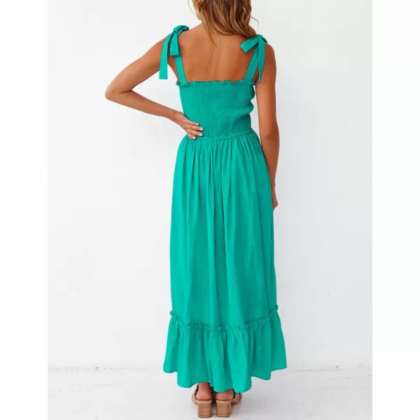 ZESICA Womens 2024 Summer Boho Spaghetti Strap Square Neck Solid Color Ruffle A Line Beach Long Maxi DressPeacock