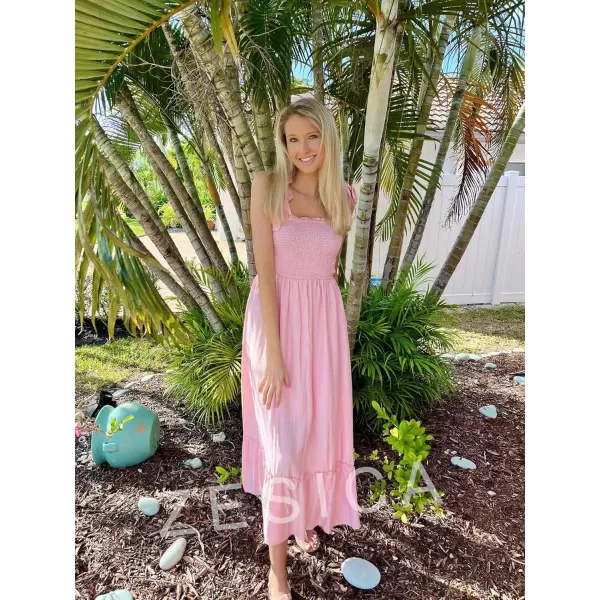 ZESICA Womens 2024 Summer Boho Spaghetti Strap Square Neck Solid Color Ruffle A Line Beach Long Maxi DressPink