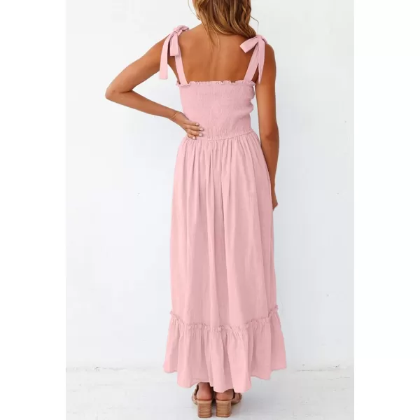 ZESICA Womens 2024 Summer Boho Spaghetti Strap Square Neck Solid Color Ruffle A Line Beach Long Maxi DressPink