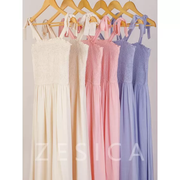 ZESICA Womens 2024 Summer Boho Spaghetti Strap Square Neck Solid Color Ruffle A Line Beach Long Maxi DressPink