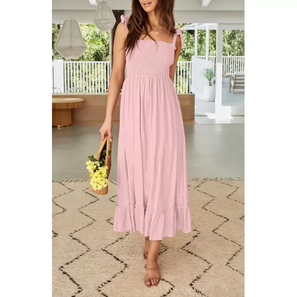 ZESICA Womens 2024 Summer Boho Spaghetti Strap Square Neck Solid Color Ruffle A Line Beach Long Maxi DressPink