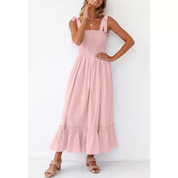 ZESICA Womens 2024 Summer Boho Spaghetti Strap Square Neck Solid Color Ruffle A Line Beach Long Maxi DressPink