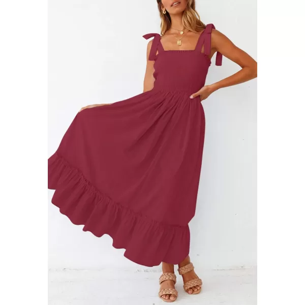 ZESICA Womens 2024 Summer Boho Spaghetti Strap Square Neck Solid Color Ruffle A Line Beach Long Maxi DressRed