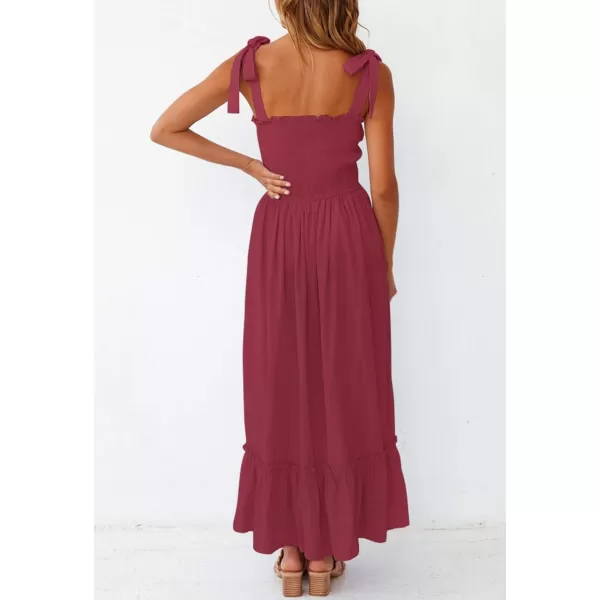 ZESICA Womens 2024 Summer Boho Spaghetti Strap Square Neck Solid Color Ruffle A Line Beach Long Maxi DressRed