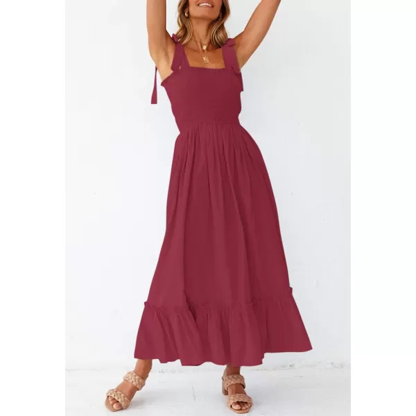 ZESICA Womens 2024 Summer Boho Spaghetti Strap Square Neck Solid Color Ruffle A Line Beach Long Maxi DressRed