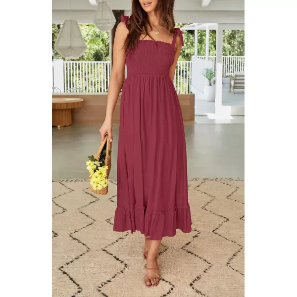 ZESICA Womens 2024 Summer Boho Spaghetti Strap Square Neck Solid Color Ruffle A Line Beach Long Maxi DressRed