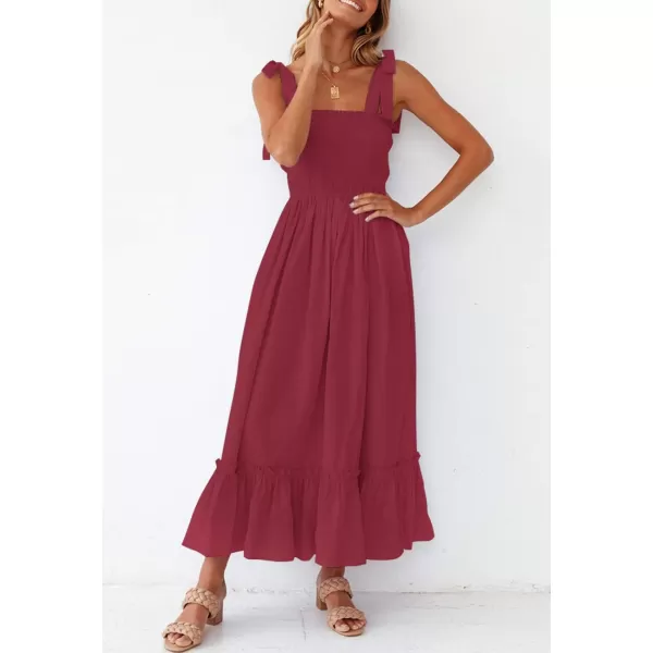 ZESICA Womens 2024 Summer Boho Spaghetti Strap Square Neck Solid Color Ruffle A Line Beach Long Maxi DressRed