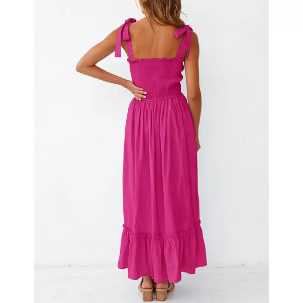 ZESICA Womens 2024 Summer Boho Spaghetti Strap Square Neck Solid Color Ruffle A Line Beach Long Maxi DressRose