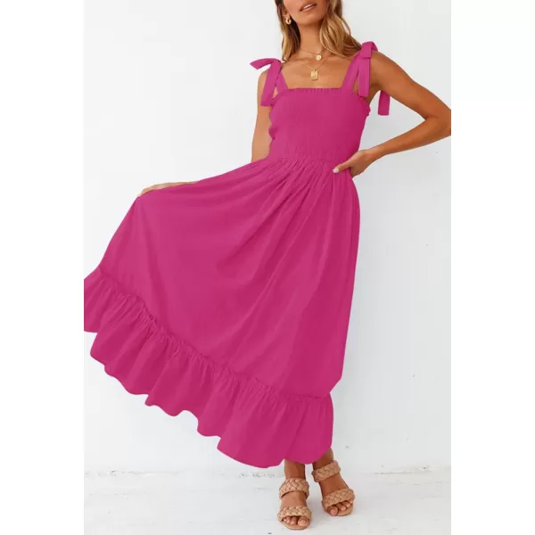 ZESICA Womens 2024 Summer Boho Spaghetti Strap Square Neck Solid Color Ruffle A Line Beach Long Maxi DressRose