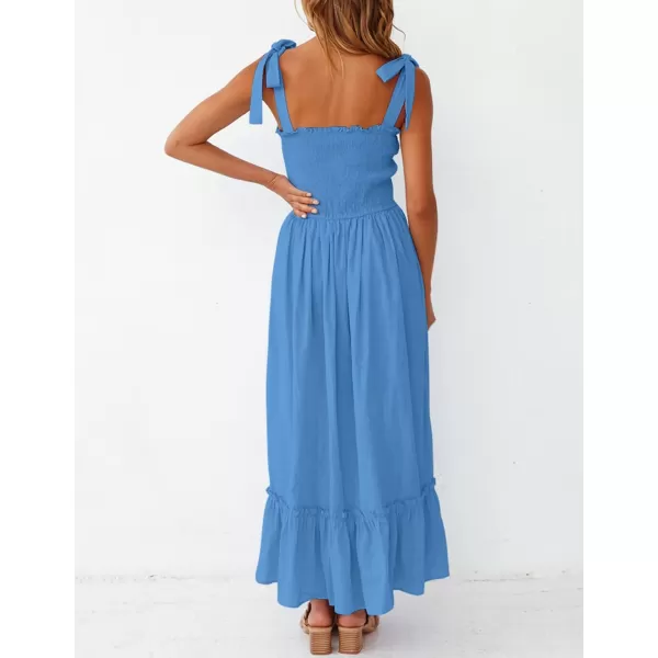 ZESICA Womens 2024 Summer Boho Spaghetti Strap Square Neck Solid Color Ruffle A Line Beach Long Maxi DressRoyalblue