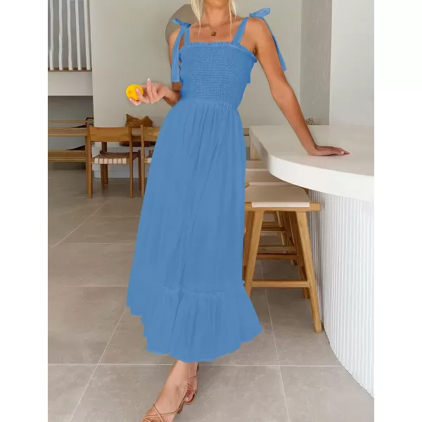 ZESICA Womens 2024 Summer Boho Spaghetti Strap Square Neck Solid Color Ruffle A Line Beach Long Maxi DressRoyalblue
