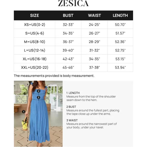 ZESICA Womens 2024 Summer Boho Spaghetti Strap Square Neck Solid Color Ruffle A Line Beach Long Maxi DressRoyalblue