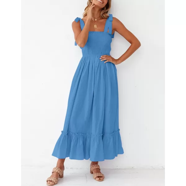 ZESICA Womens 2024 Summer Boho Spaghetti Strap Square Neck Solid Color Ruffle A Line Beach Long Maxi DressRoyalblue
