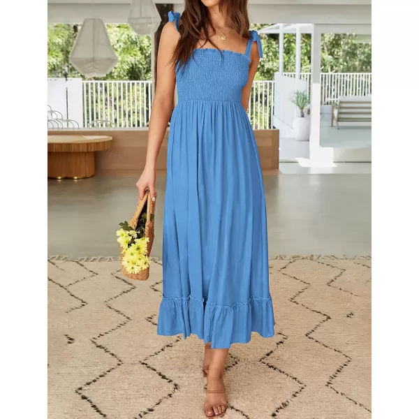 ZESICA Womens 2024 Summer Boho Spaghetti Strap Square Neck Solid Color Ruffle A Line Beach Long Maxi DressRoyalblue