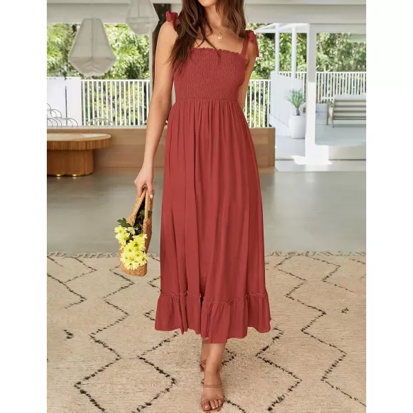 ZESICA Womens 2024 Summer Boho Spaghetti Strap Square Neck Solid Color Ruffle A Line Beach Long Maxi DressRust