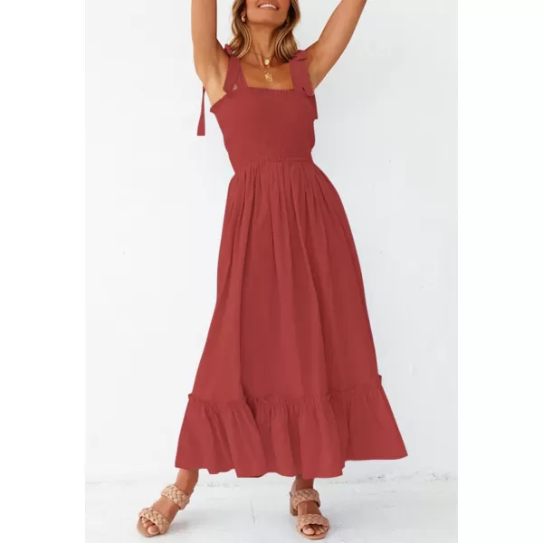 ZESICA Womens 2024 Summer Boho Spaghetti Strap Square Neck Solid Color Ruffle A Line Beach Long Maxi DressRust