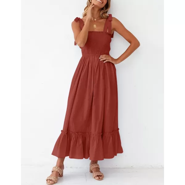 ZESICA Womens 2024 Summer Boho Spaghetti Strap Square Neck Solid Color Ruffle A Line Beach Long Maxi DressRust