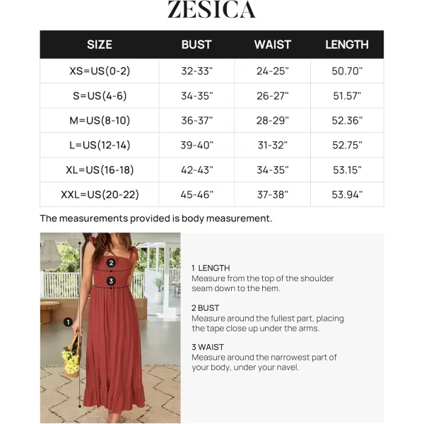 ZESICA Womens 2024 Summer Boho Spaghetti Strap Square Neck Solid Color Ruffle A Line Beach Long Maxi DressRust