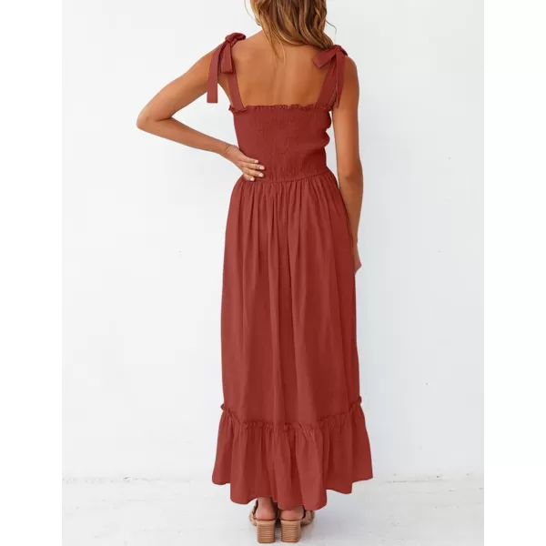 ZESICA Womens 2024 Summer Boho Spaghetti Strap Square Neck Solid Color Ruffle A Line Beach Long Maxi DressRust