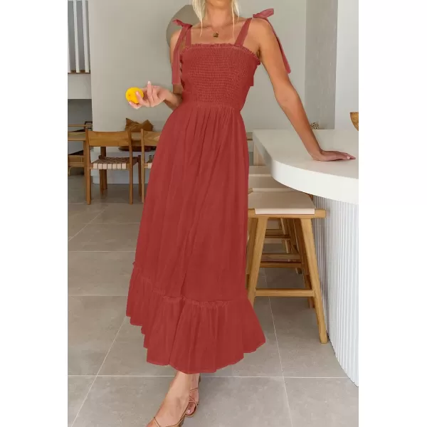 ZESICA Womens 2024 Summer Boho Spaghetti Strap Square Neck Solid Color Ruffle A Line Beach Long Maxi DressRust